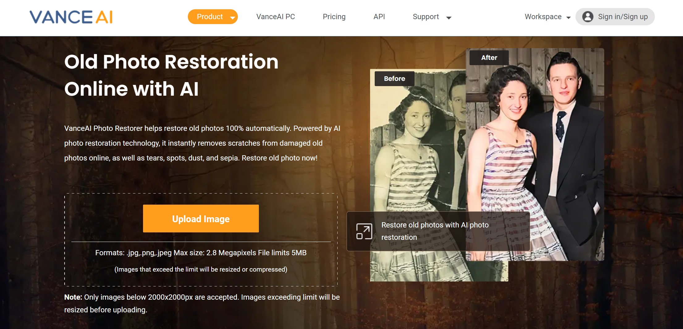 VanceAI photo restorer page